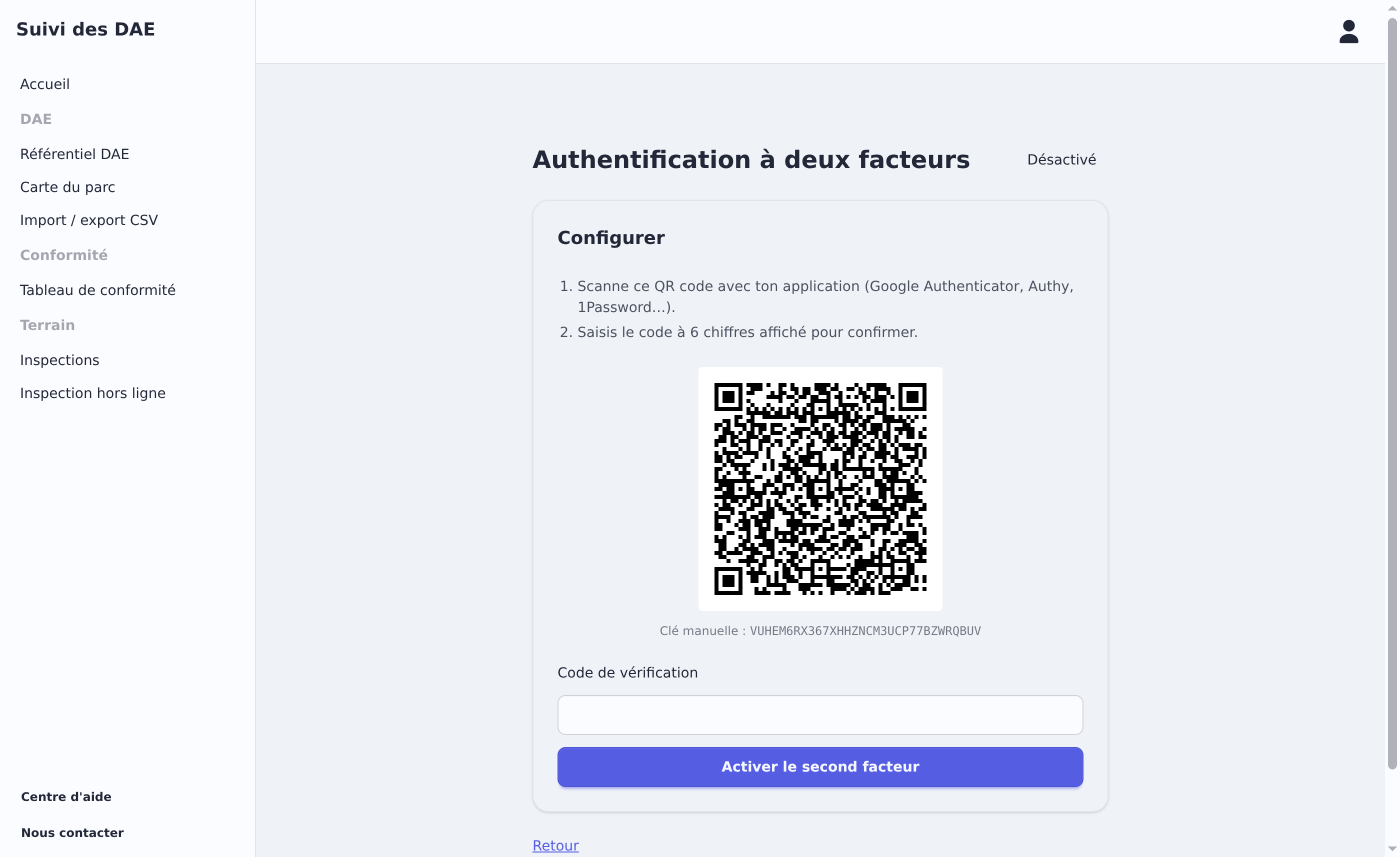 Configuration du MFA : QR code et saisie du code de vérification