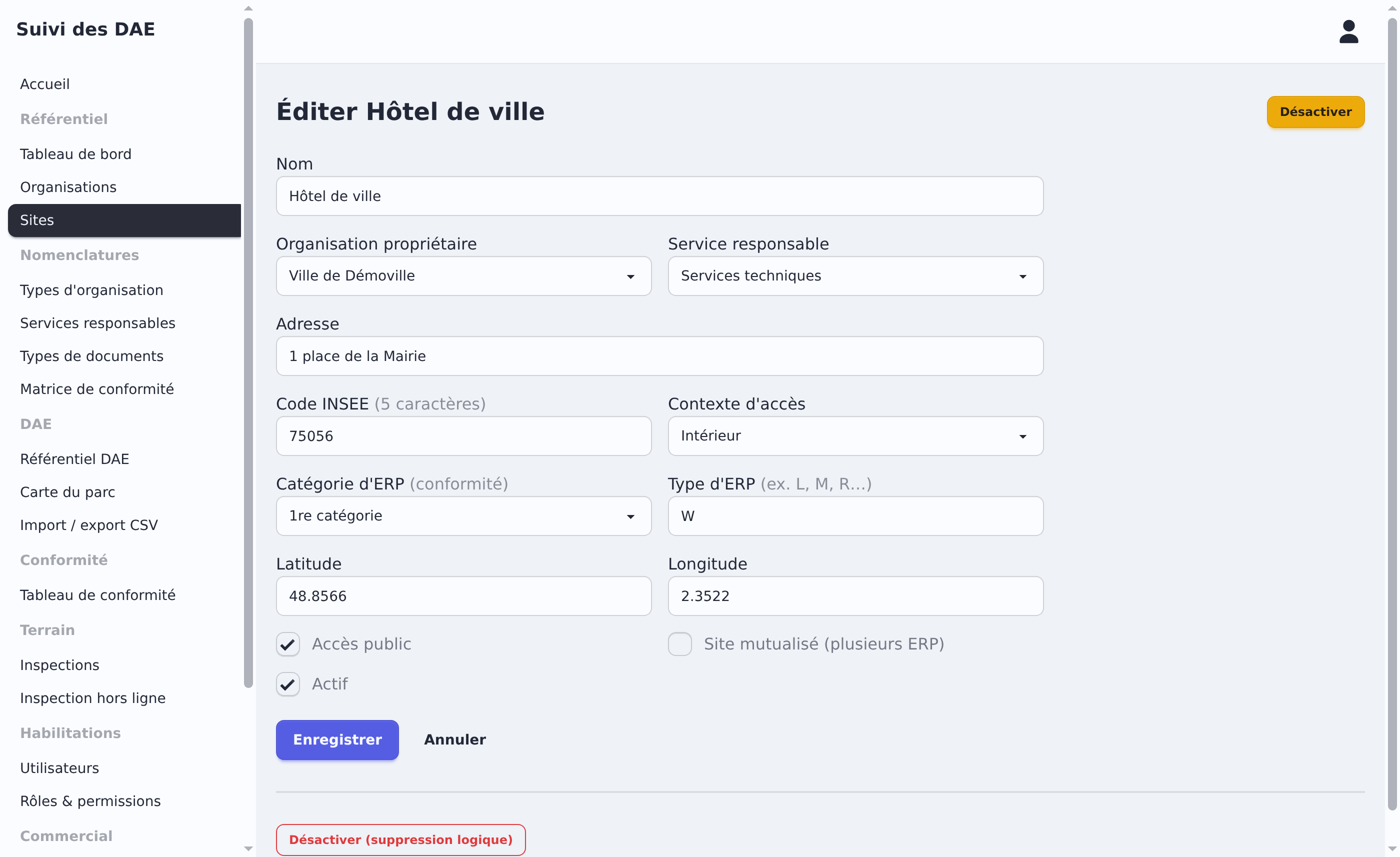 Formulaire de description d'un site