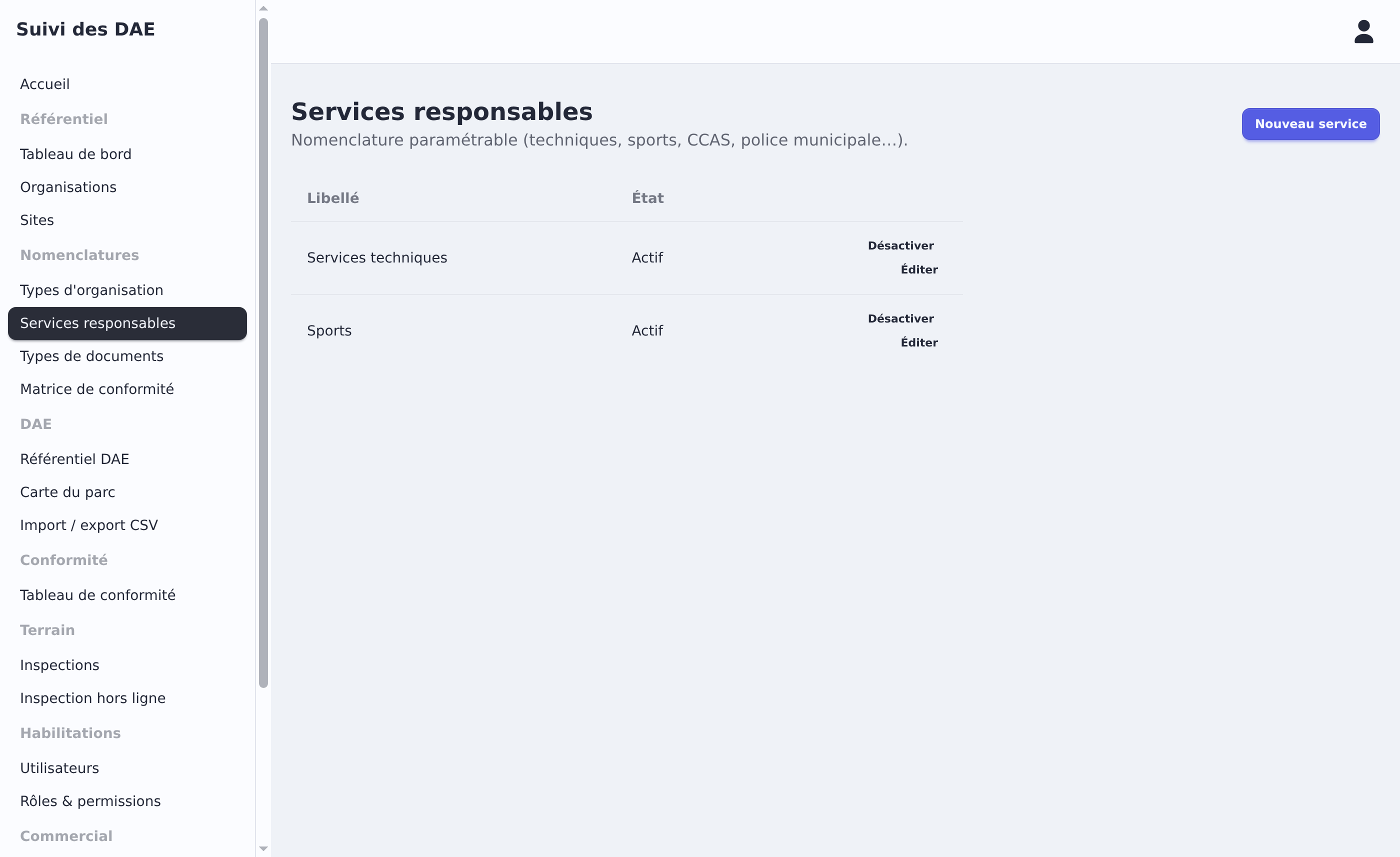 Liste paramétrable des services responsables