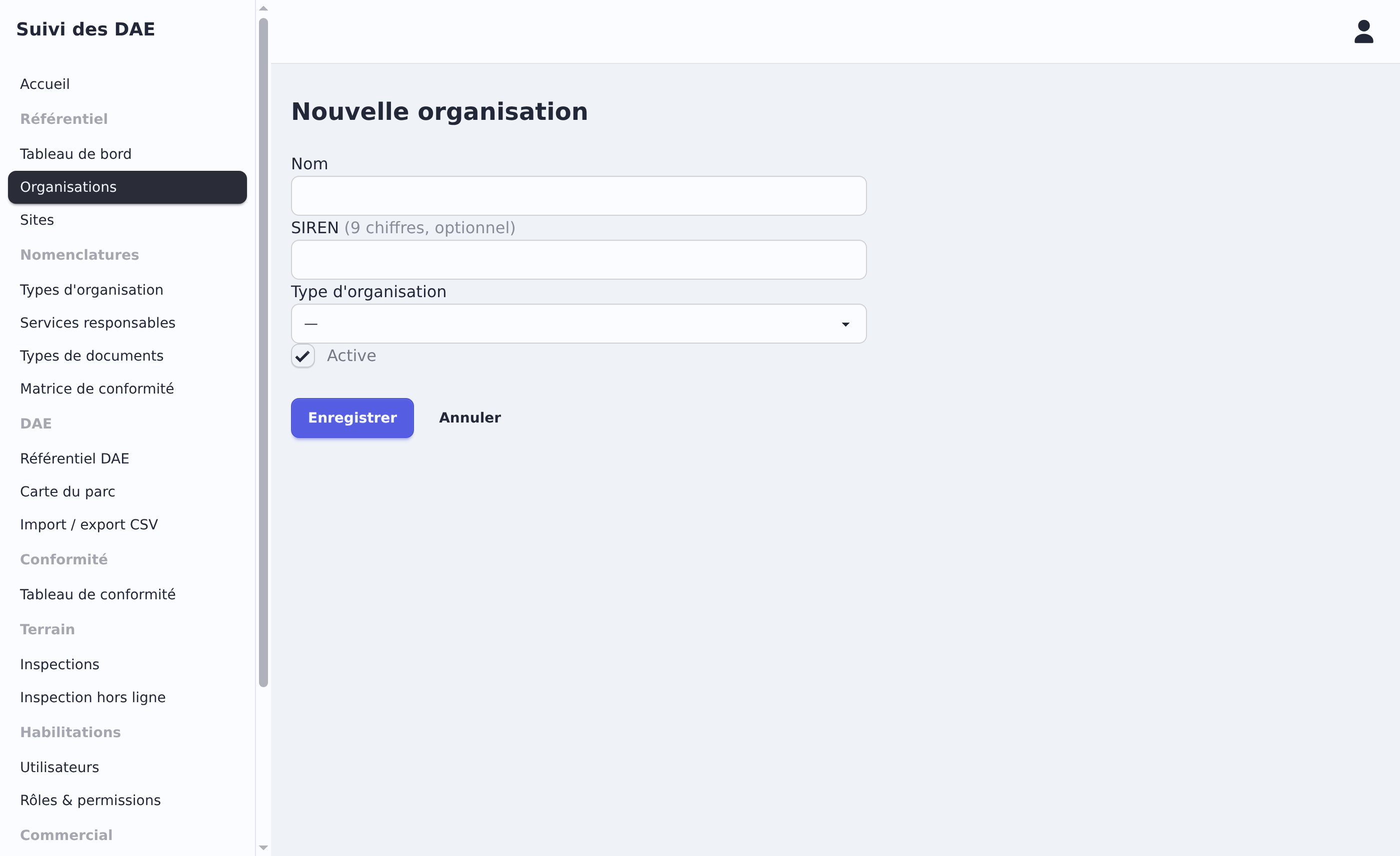 Formulaire de création d'une organisation