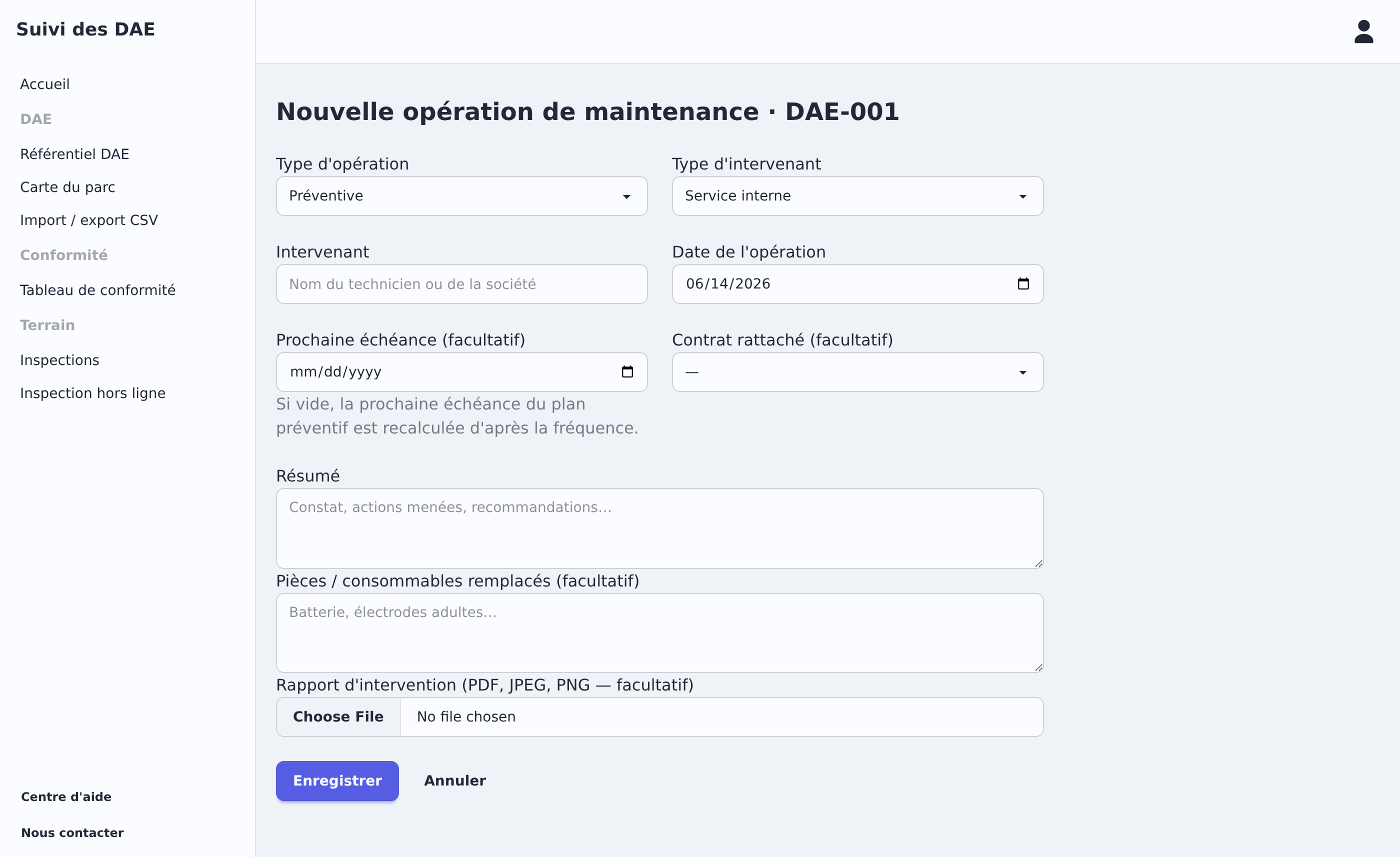 Formulaire d'enregistrement d'une opération de maintenance