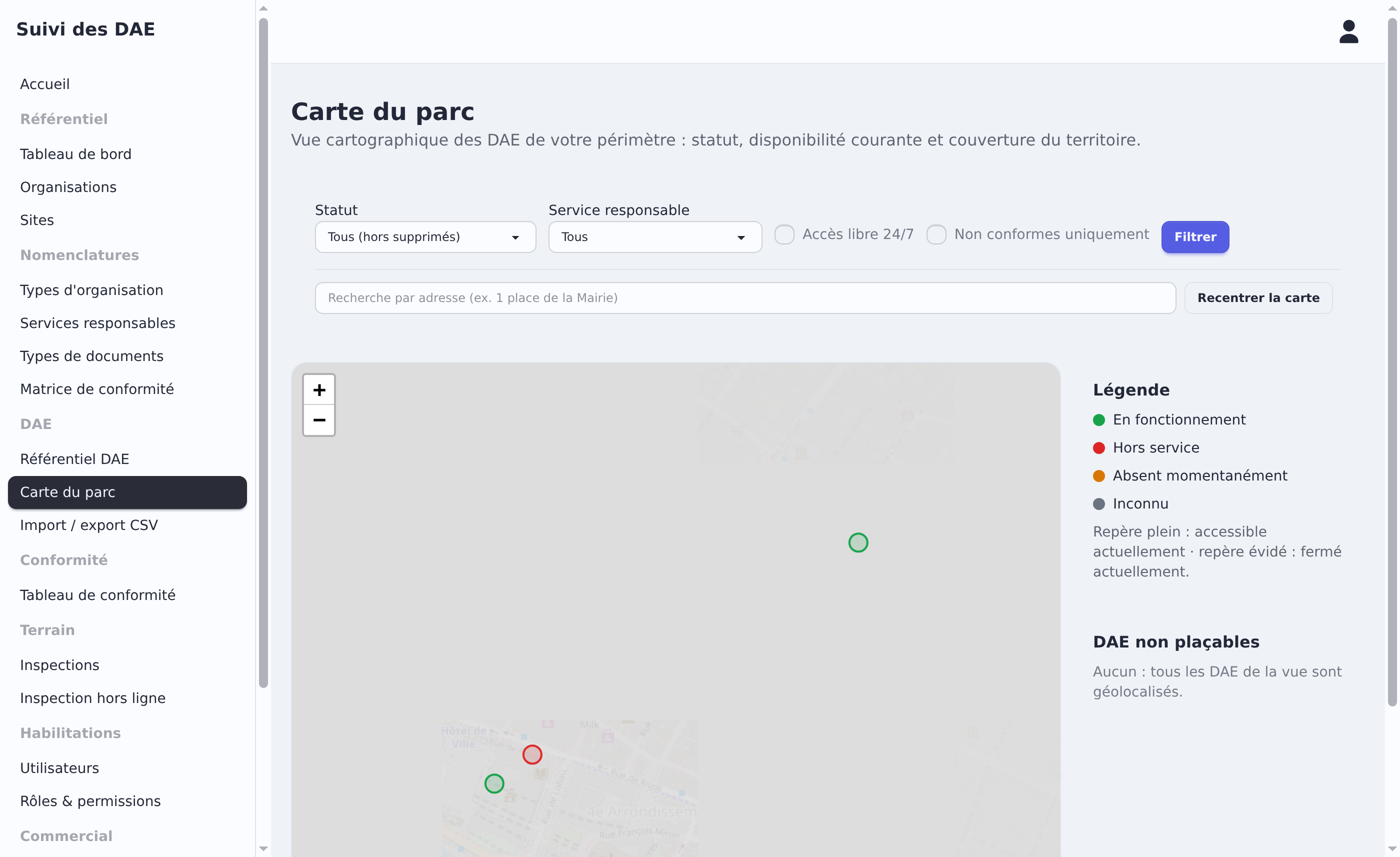 Carte du parc avec ses repères et ses filtres