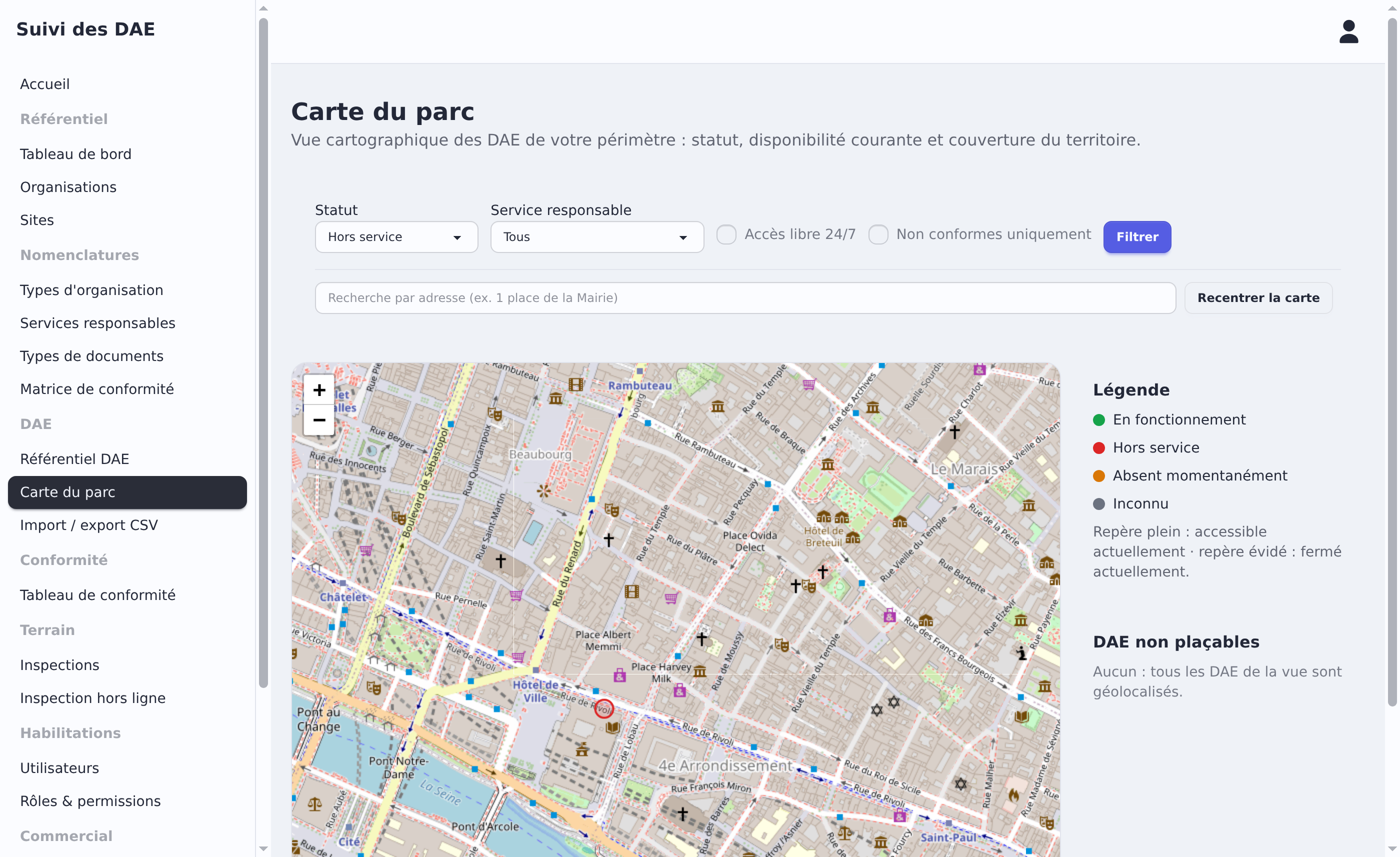 Carte filtrée par statut