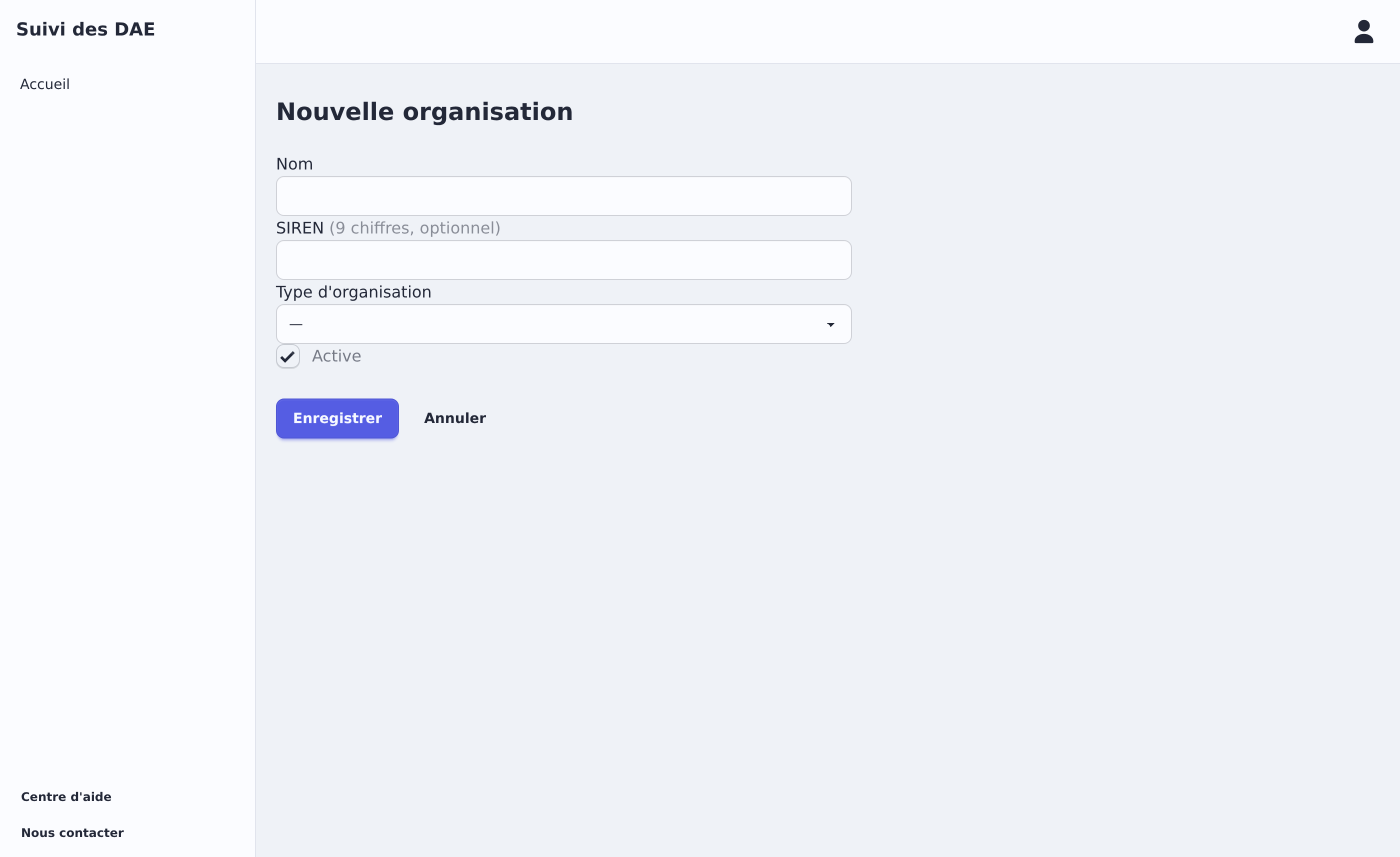 Formulaire de création d'une organisation