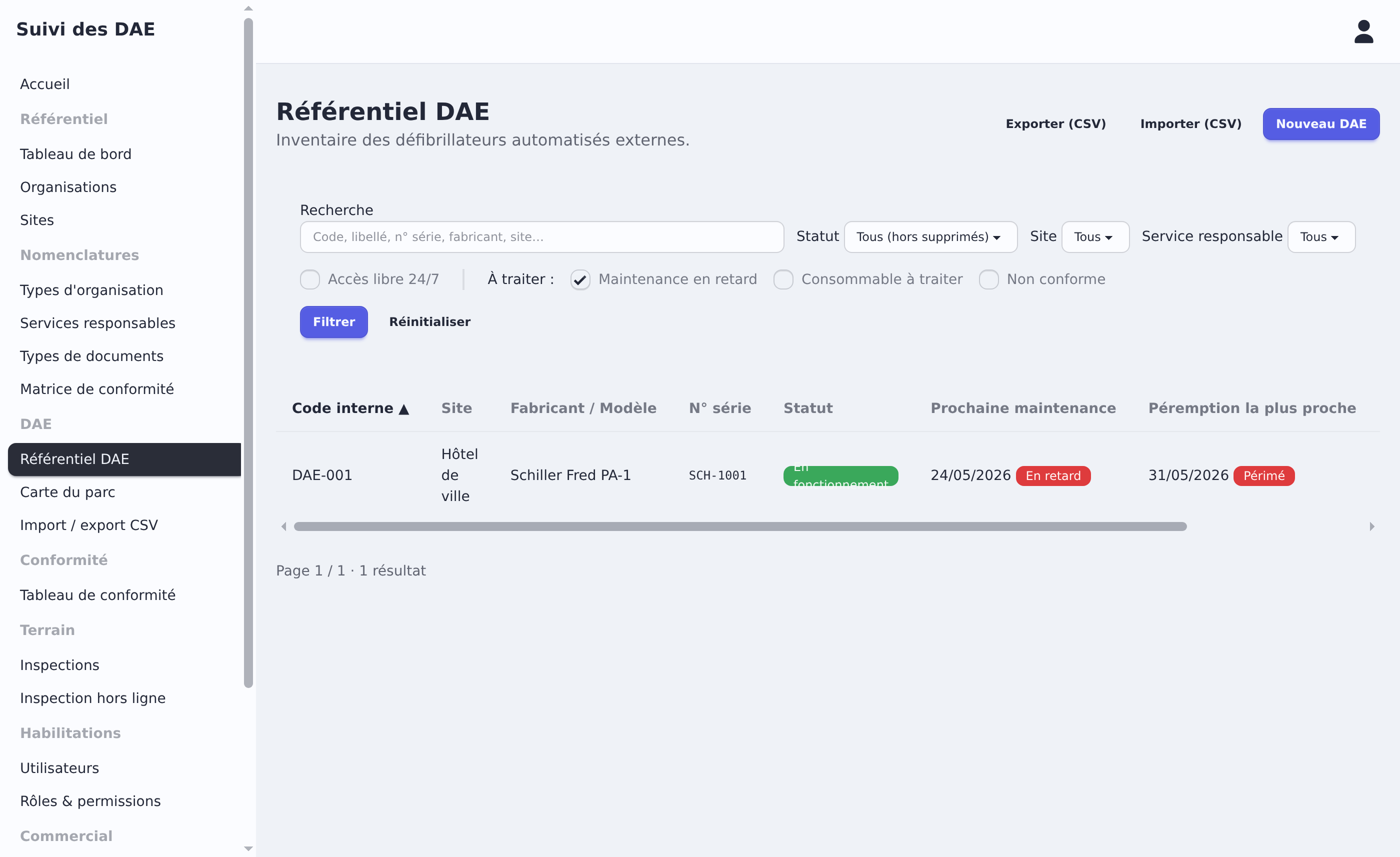 Référentiel filtré depuis une alerte du tableau de bord
